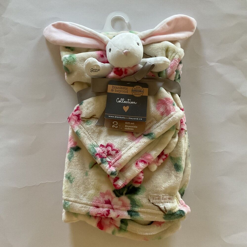 Blankets & Beyond White Bunny Lovey Nunu & Floral Blanket 2 piece Gift Set